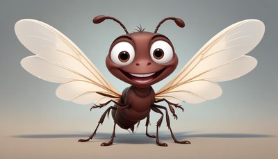 Happy cartoon ant with wings ready for adventure