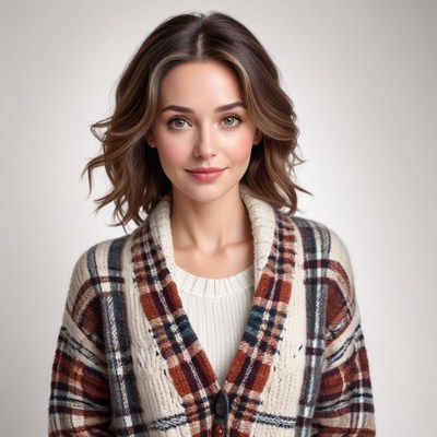 Warm and cozy portrait of a smiling woman in a cardigan