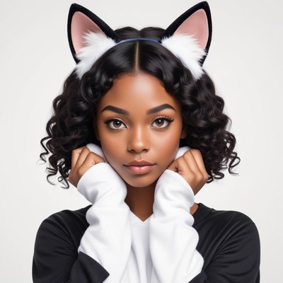 Girl with cat ears and curly hair poses for fun portrait