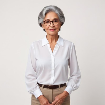 Elderly woman poses confidently in a light shirt and glasses