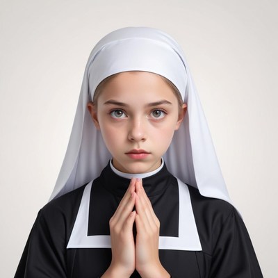Young girl in nun attire with hands clasped in prayer