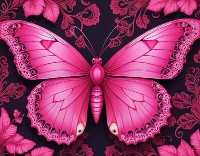 Bright pink butterfly resting on floral background