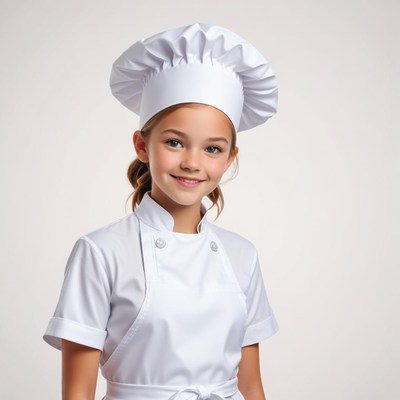 Young chef in white uniform smiles at camera