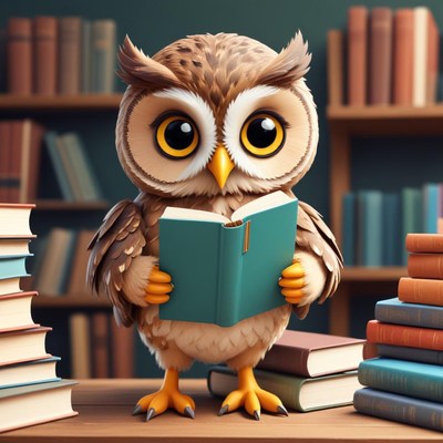Cute owl reading a book in a cozy library setting