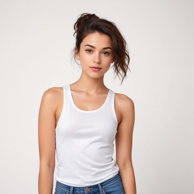 Model poses in a white tank top with casual confidence