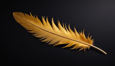 Golden feather resting on a dark background
