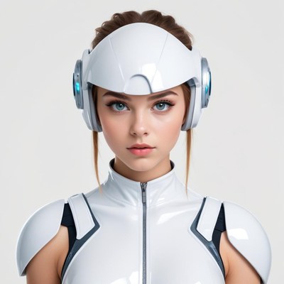 Futuristic woman in white suit and headset ready for action