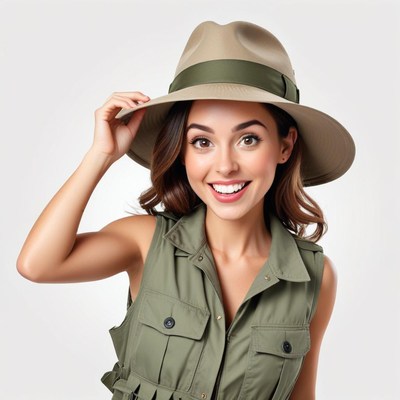 Model wearing safari hat and outfit indoors with a smile