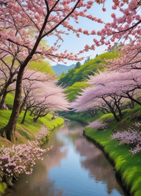 Cherry blossom trees lining a serene riverbank in spring