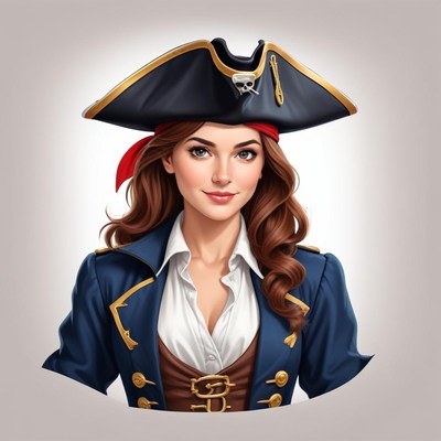 Female pirate wearing a tricorn hat with a confident smile