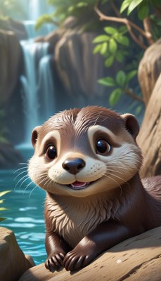 Cute otter by a waterfall during a sunny day