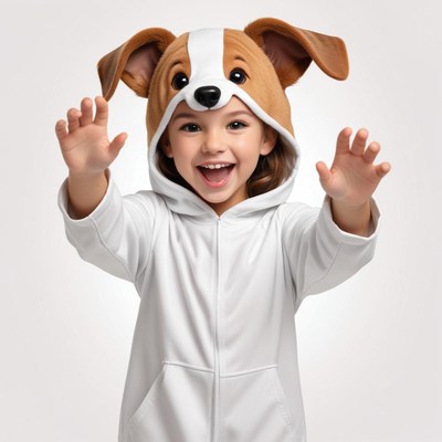 Excited child wearing cute dog costume plays happily
