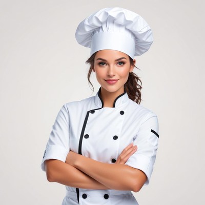 Chef in white uniform posing confidently for a portrait
