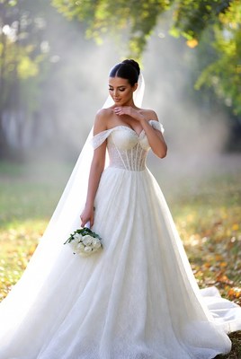 Elegant bride posing in a sunlit forest scene