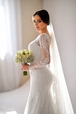 Bride in elegant wedding dress holding bouquet indoors