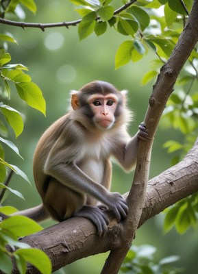Cute monkey sitting on a tree branch in a lush forest