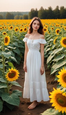 Young woman in white dress stands in sunflower field