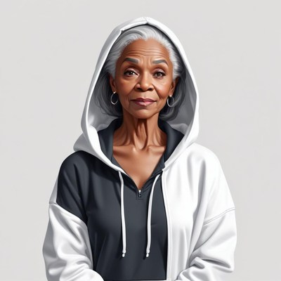 Elderly woman with silver hair wearing a hoodie