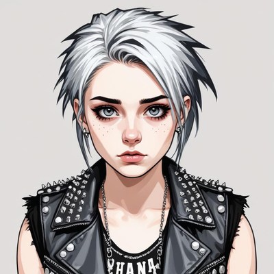 Edgy young woman with white hair and leather jacket