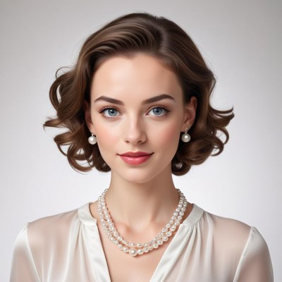 Elegant woman wearing pearls with a soft smile