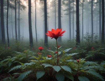 Bright red flower stands tall in foggy forest setting