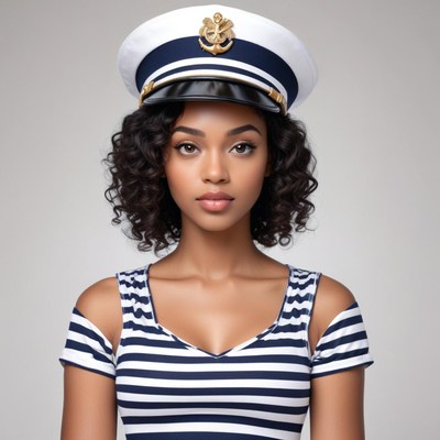 Young woman wearing a naval cap and striped shirt