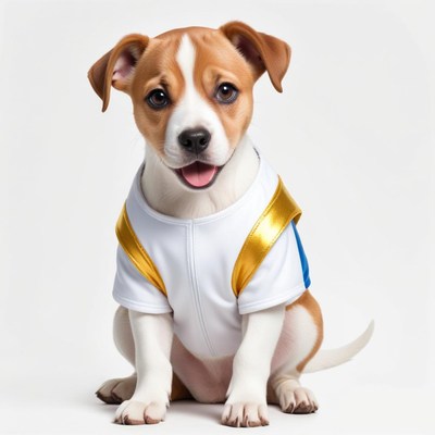 Cute puppy in a colorful outfit sitting still and smiling