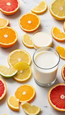 Fresh citrus fruits and milk create a colorful display