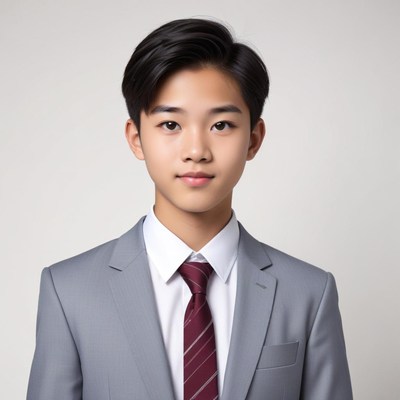 Young boy in formal suit with a confident expression