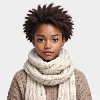Young girl wearing a cozy scarf in neutral tones