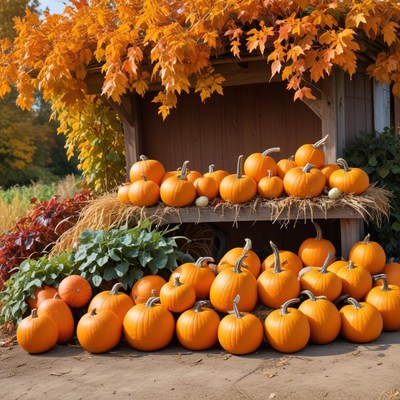 Fall harvest with pumpkins under colorful leaves