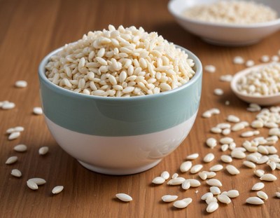 Fresh puffed rice in a bowl on wooden table