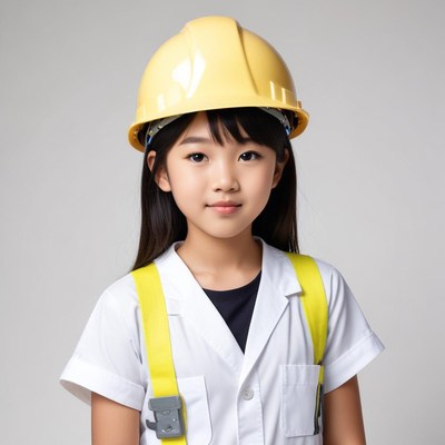 Girl in helmet and harness at work