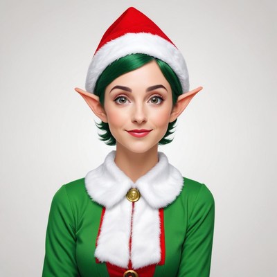 Festive elf character with green hair and a red hat