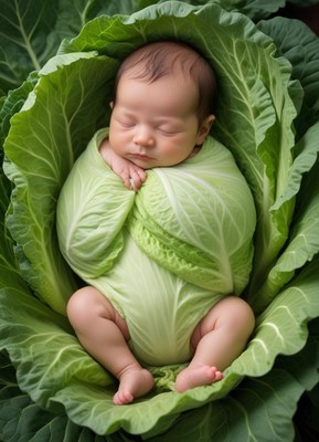 Baby nestled in cabbage leaves during natural setting
