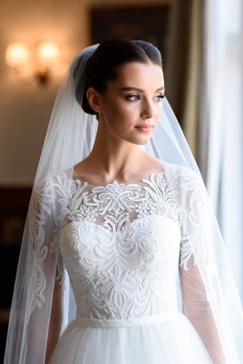 Bride in elegant wedding dress with veil near window