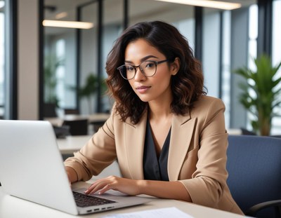 Professional woman working on laptop in modern office