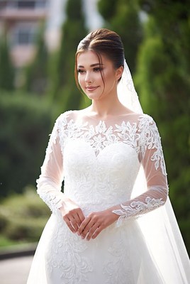 Elegant bride in garden setting during daytime
