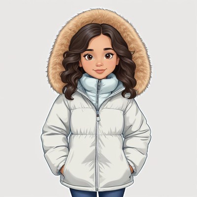 Girl in winter coat with fur hood on a cold day