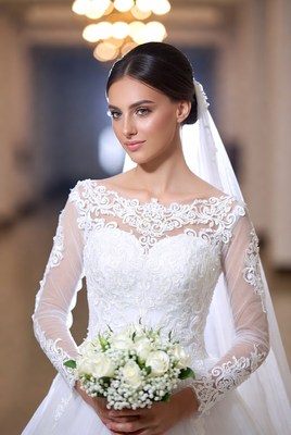 Bridal portrait in elegant hall with bouquet