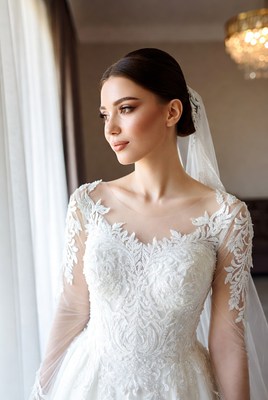 Bride in elegant wedding dress standing by window
