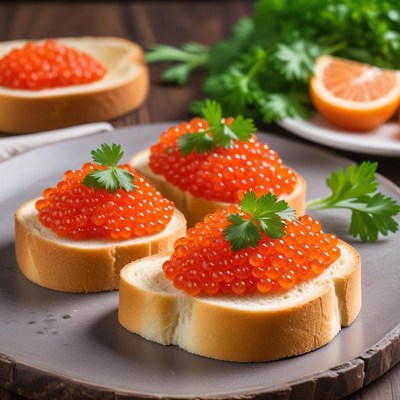Delicious bread topped with fresh fish roe and herbs