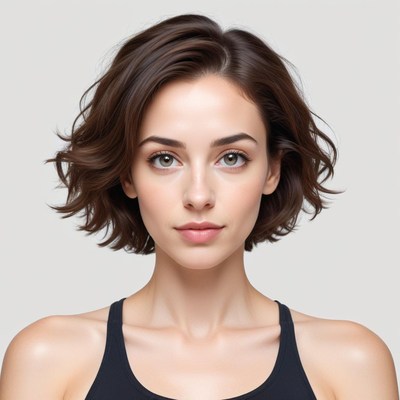 Young woman with short wavy hair on neutral background
