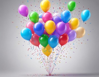 Colorful balloons floating with confetti in the background