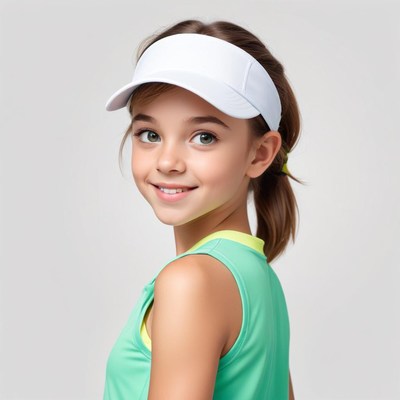Young athlete smiles brightly in sporty outfit and visor
