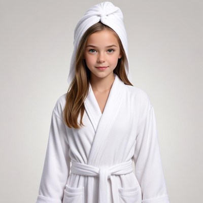 Young girl in a white robe and towel
