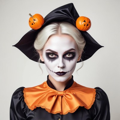 Creative halloween makeup with pumpkins and spooky attire