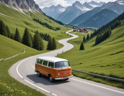 Scenic drive through mountains in a vintage van