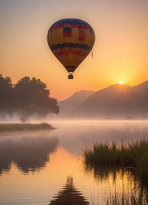 Hot air balloon rises over lake at sunrise