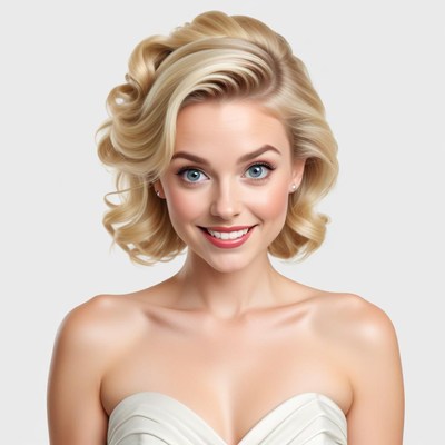 Blonde woman with curly hair smiles brightly in white outfit